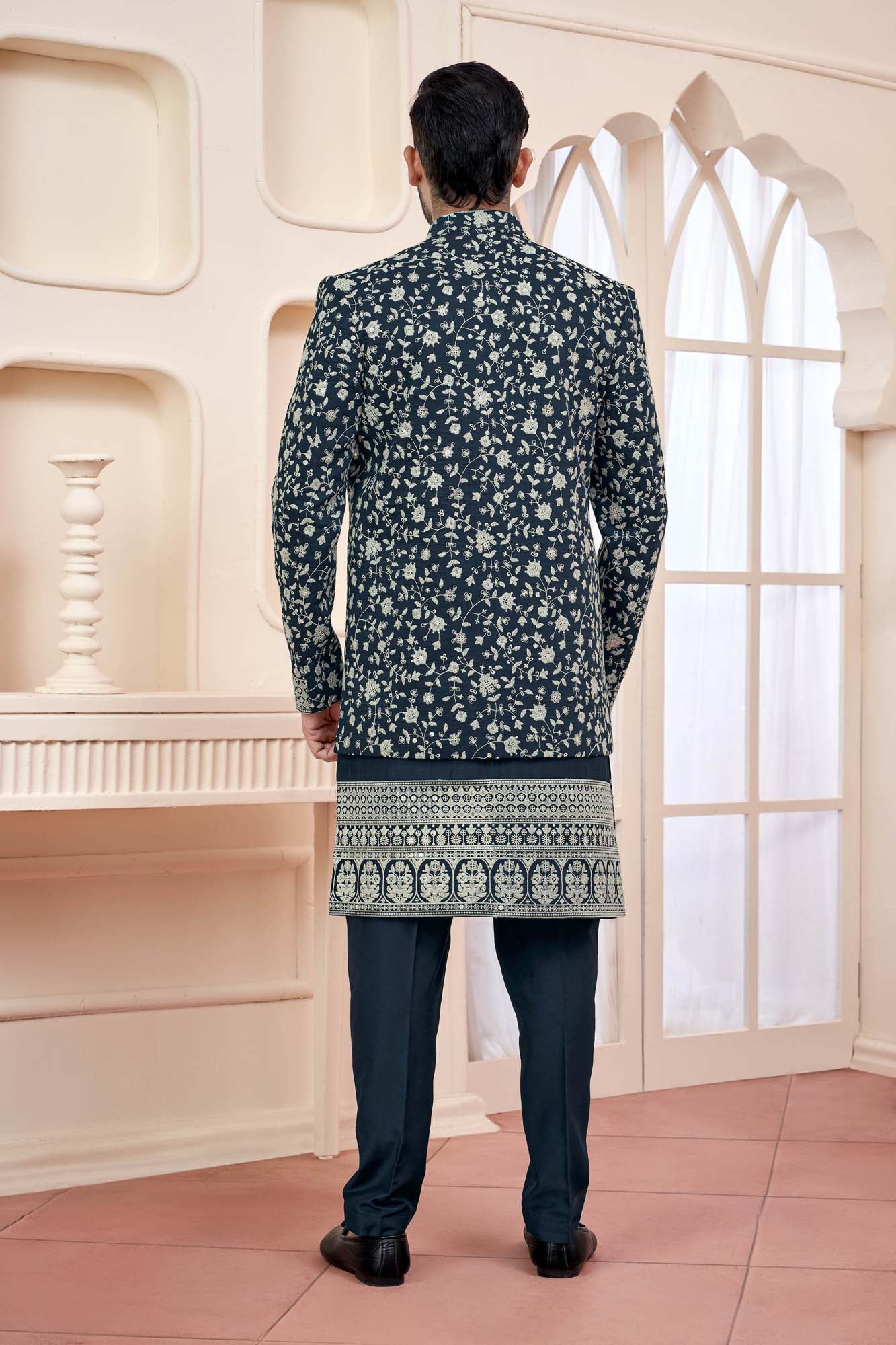 Regal Dark Blue Indo-Western Outfit With Royal Silk Embroidery