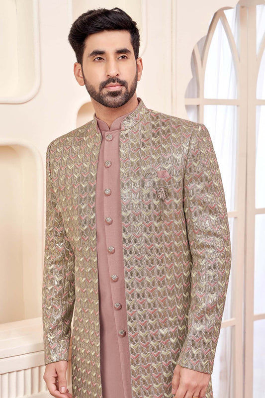 Graceful Peach Indo-Western Outfit With Gold Embroidered Jacket