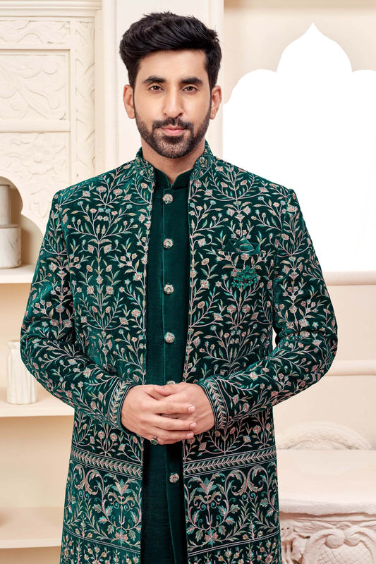 Dark Green Velvet Indo-Western Outfit With Embroidered Jacket