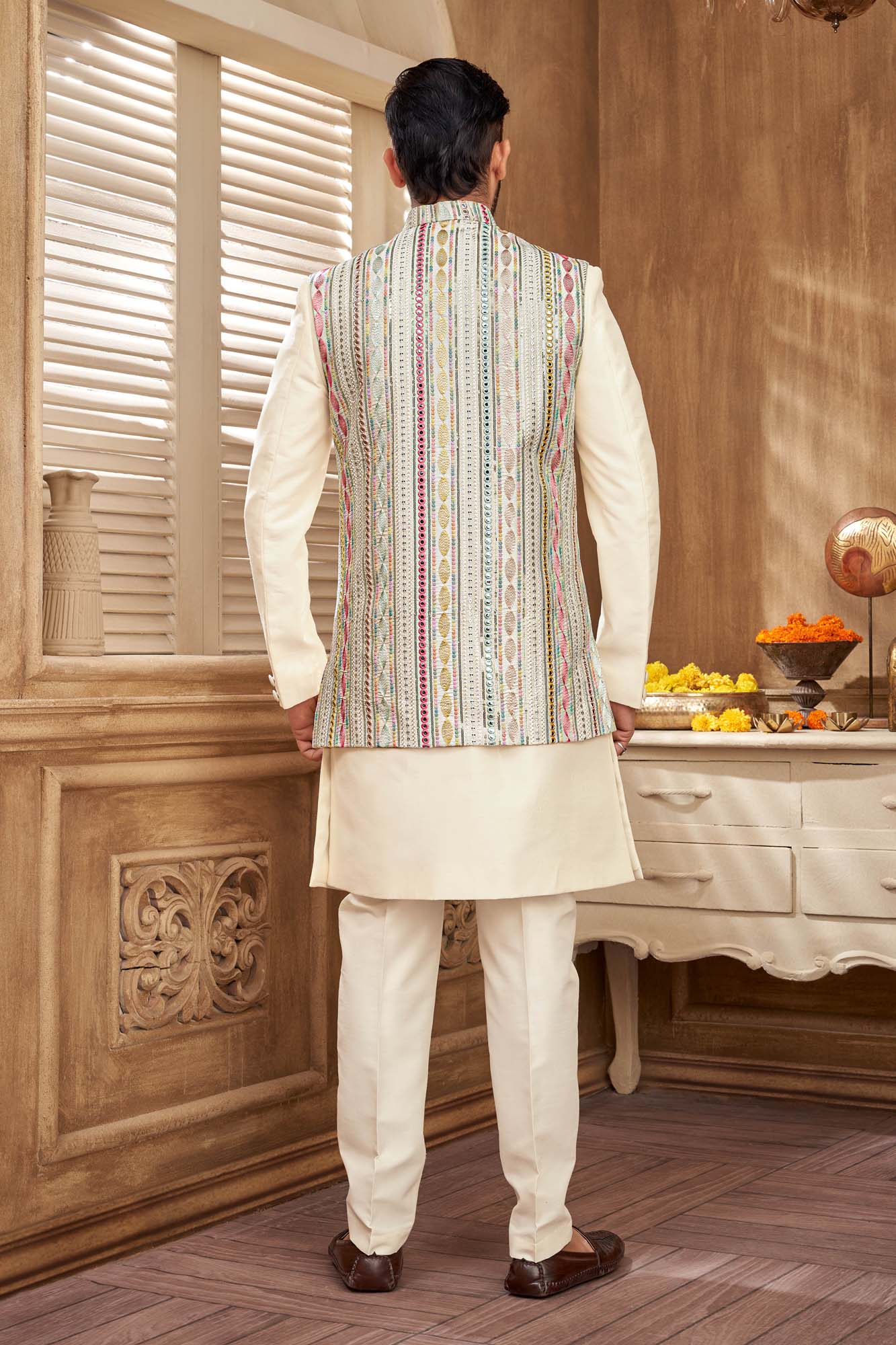 Men'S Pastel Embriodery And Mirror Work Indo Western Set