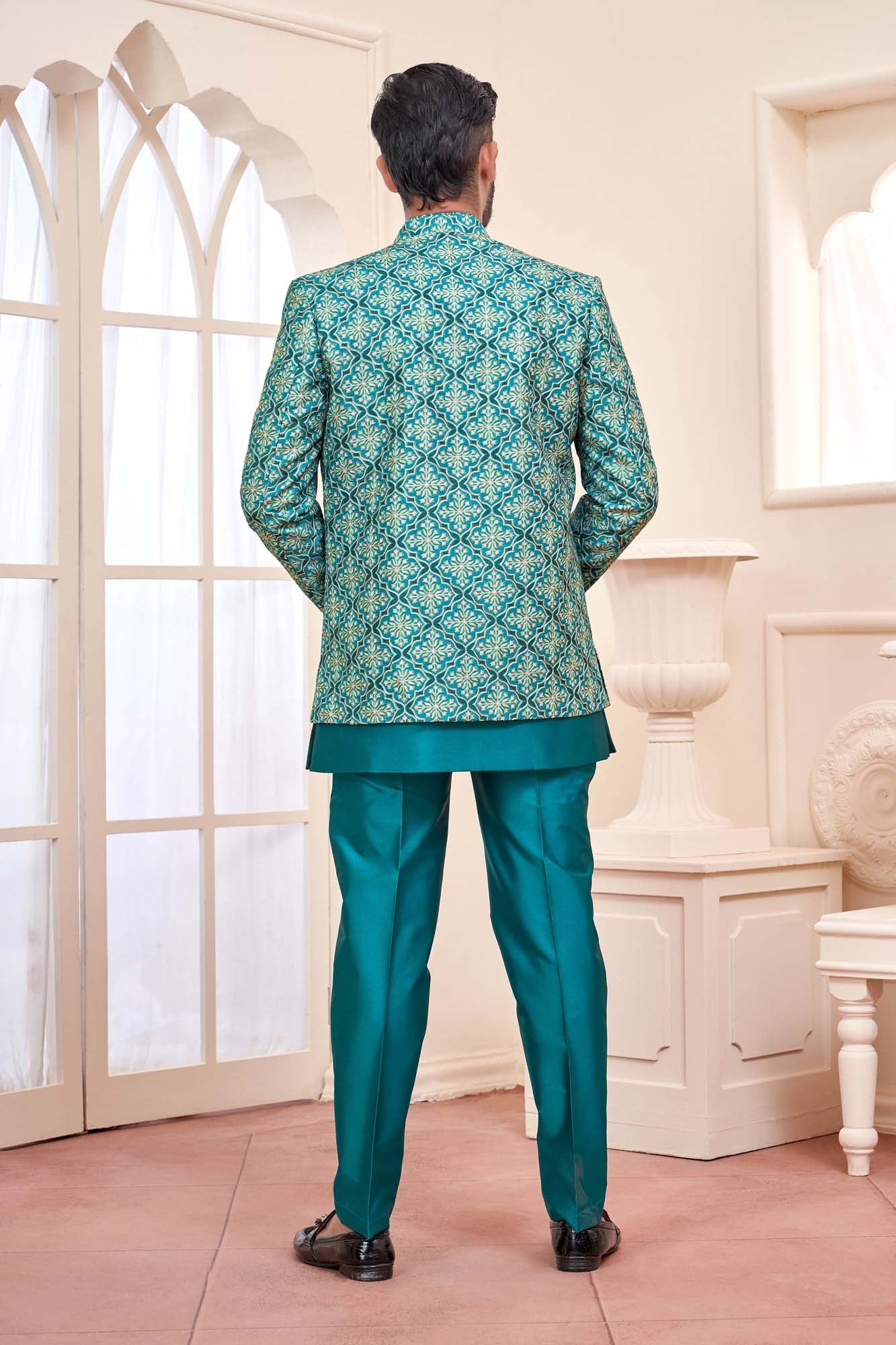 Blue Jodhpuri Set With Embroidered Jacket For Men