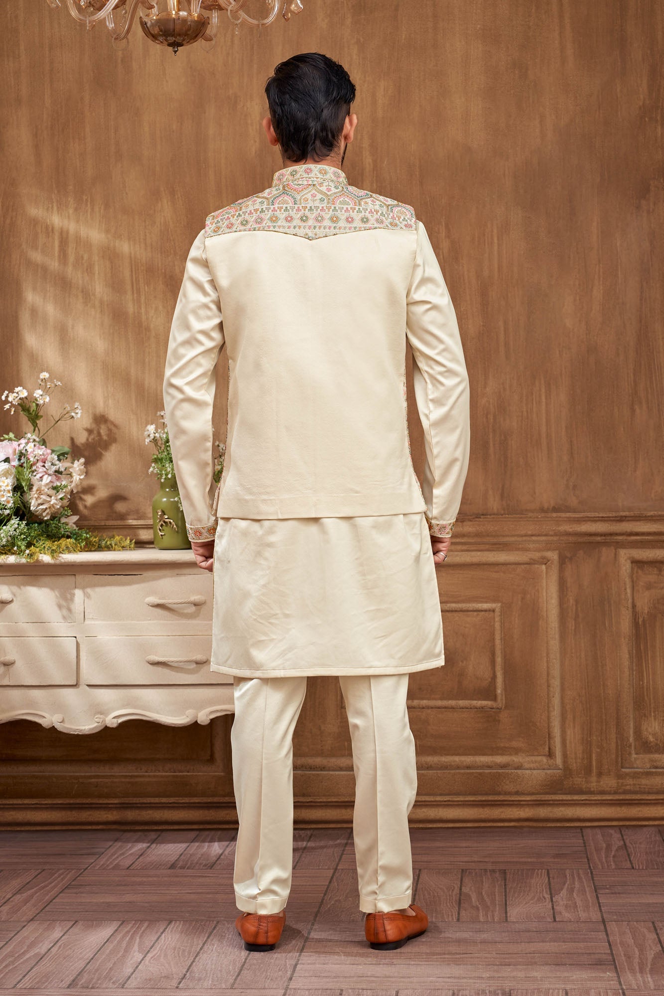 Floral Embroidered Kurta Jacket Set For Men