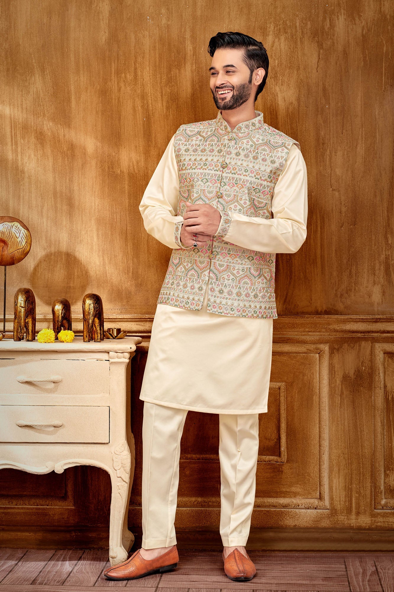 Floral Embroidered Kurta Jacket Set For Men - Main Image