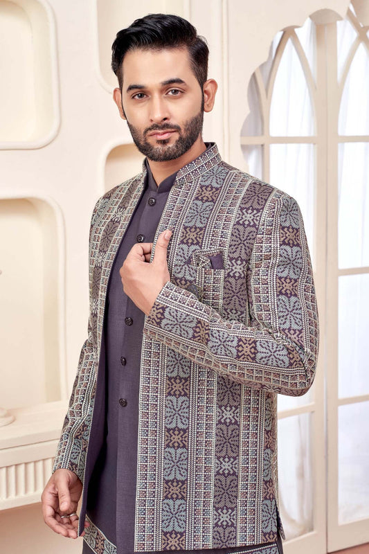 Majestic Purple Jodhpuri Set With Embroidered Jacket For Men