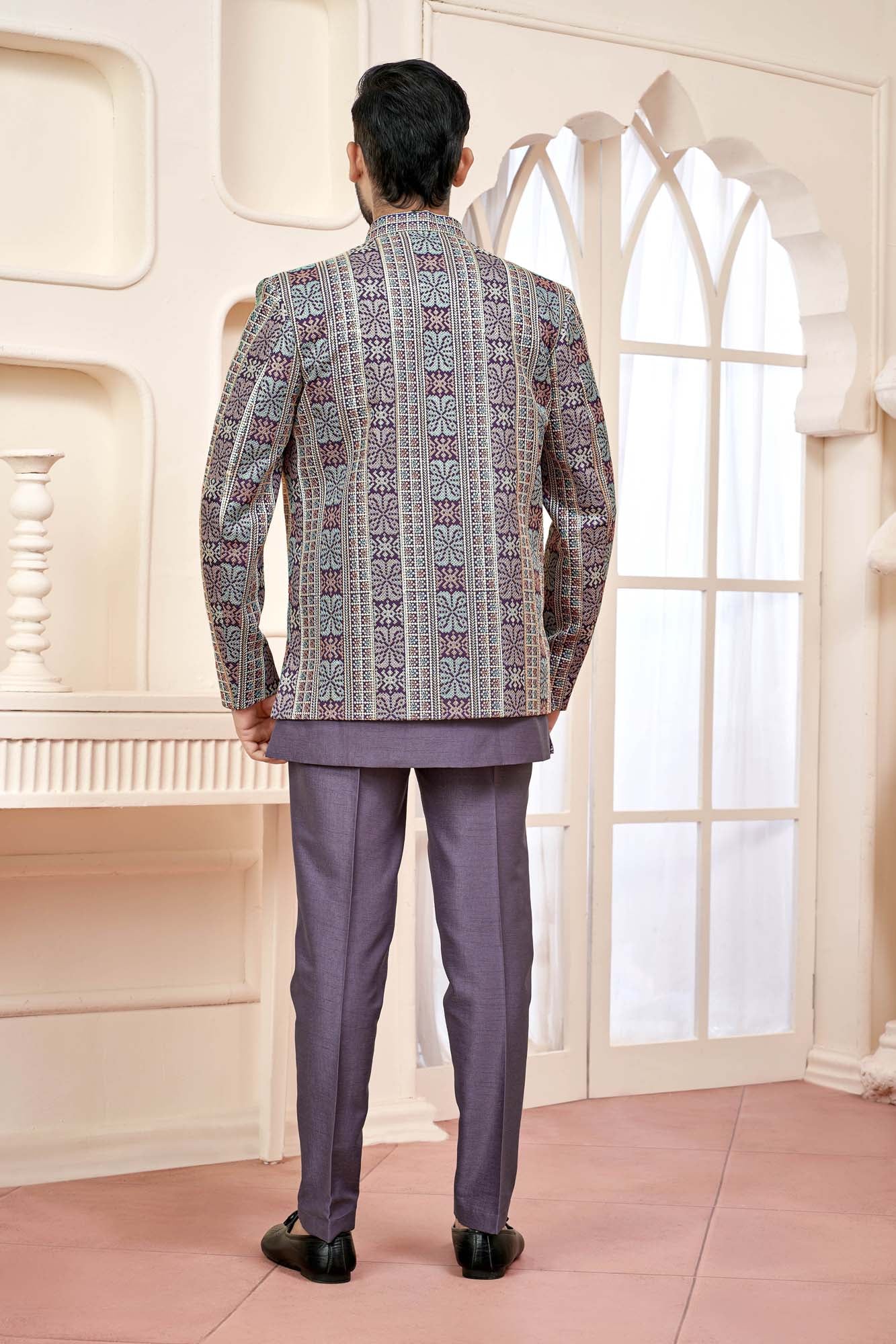Majestic Purple Jodhpuri Set With Embroidered Jacket For Men