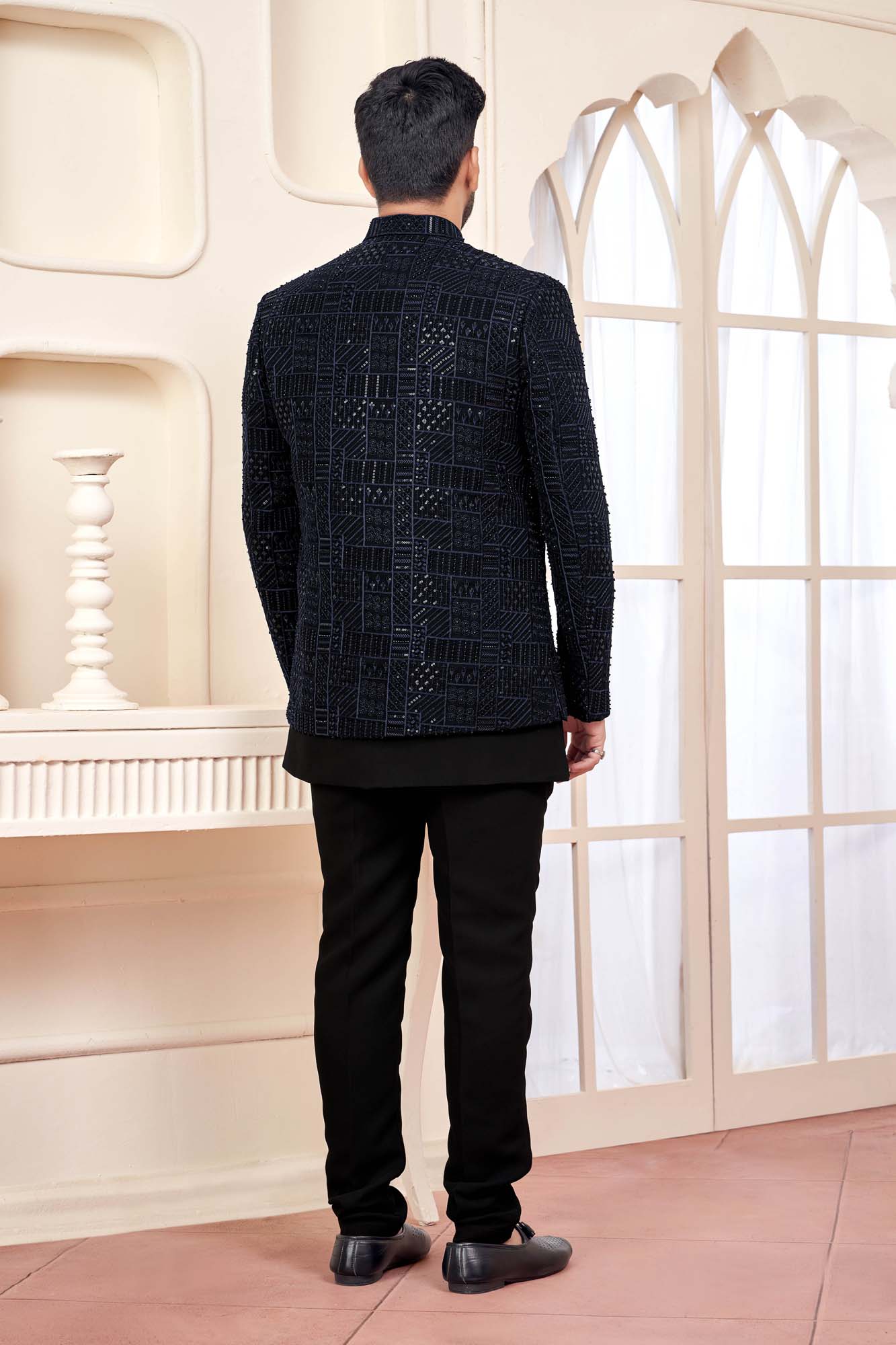 Elegant Black Jodhpuri Set With Shimmery Embroidery For Men