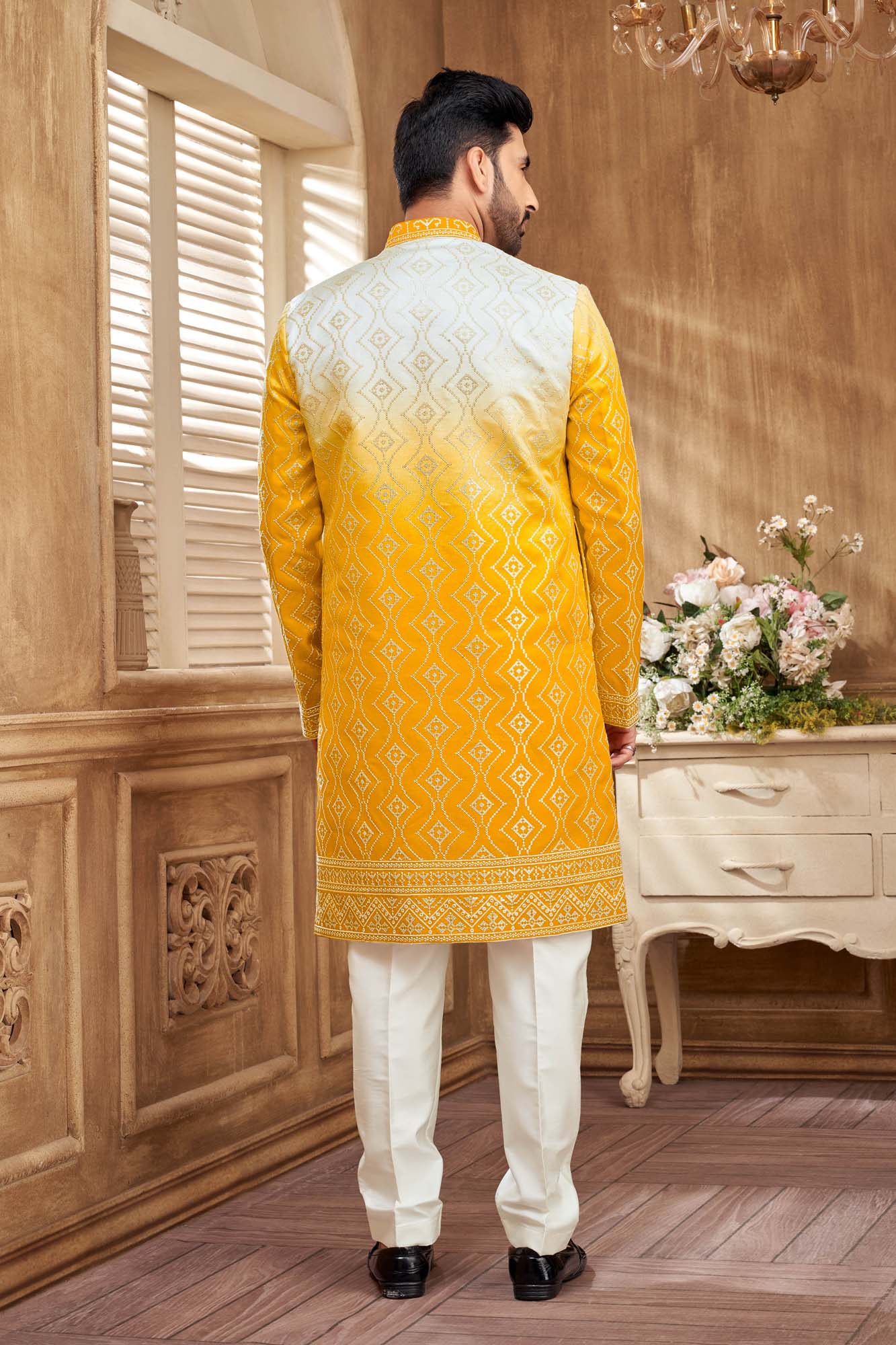 Yellow And White Indo- Western Set For Men