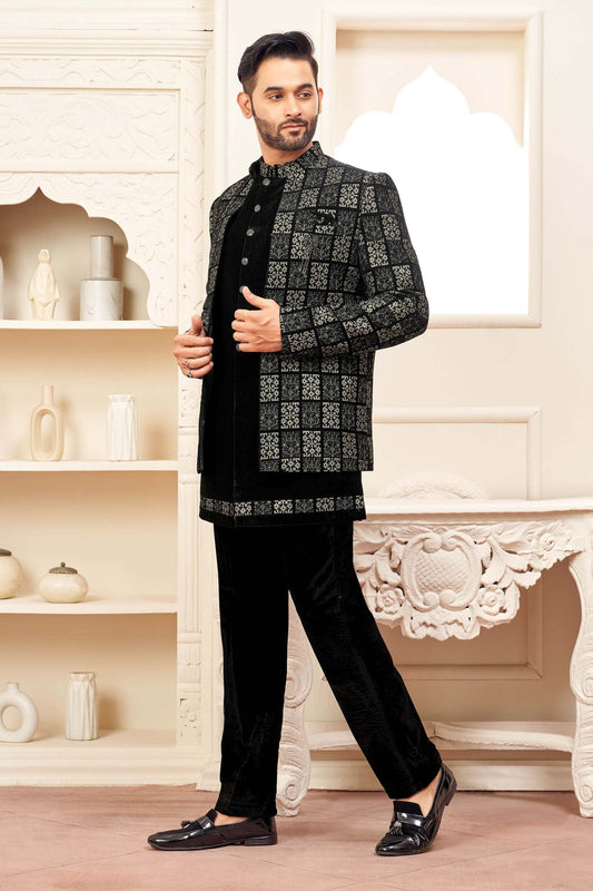 Luxurious Black Velvet Jodhpuri Set With Embroidery For Men