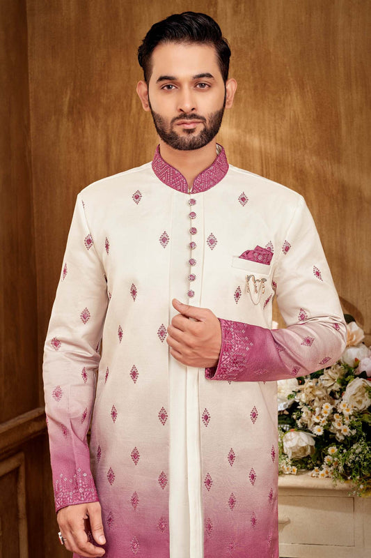 Classic Pink And White Indo- Western Set For Men