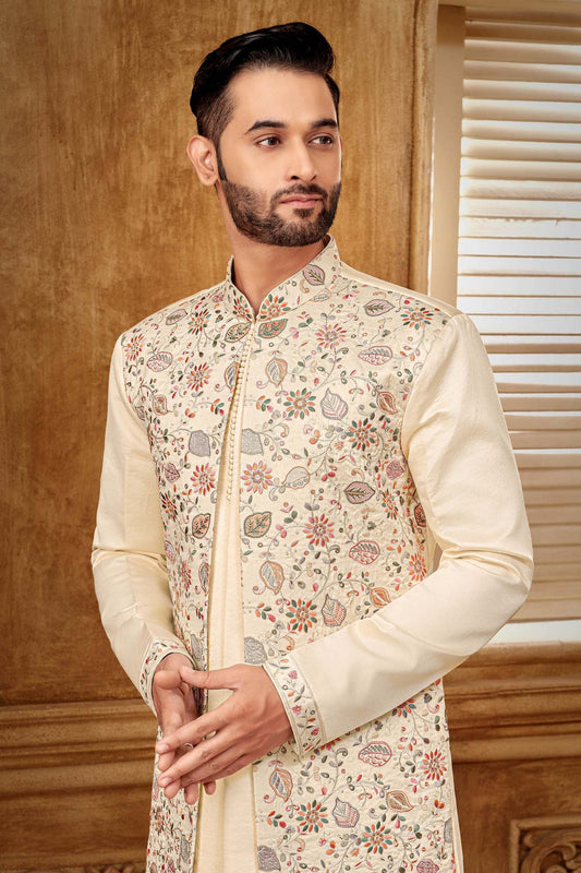 Cream Colour Floral Embriodery Indo- Western Set