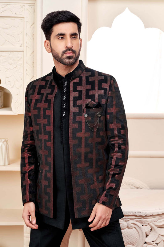 Bold Elegance: Black And Red Ethnic Men'S Jacket Set