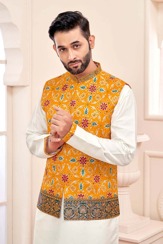 Sunlit Elegance: White Kurta Set With Yellow Embroidered Jacket