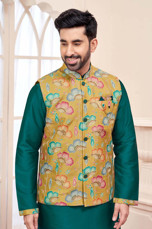 Green Kurta With Mustard Yellow Floral Jacket