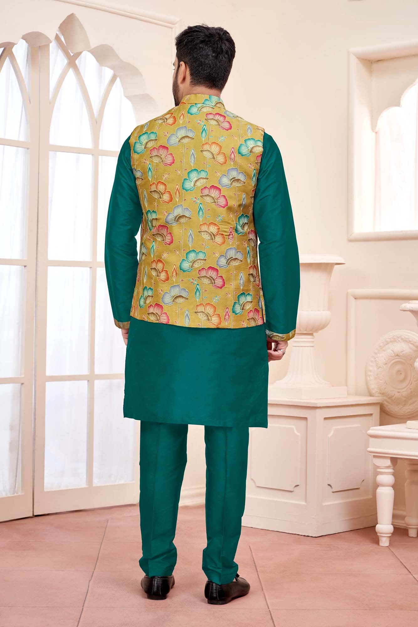 Green Kurta With Mustard Yellow Floral Jacket