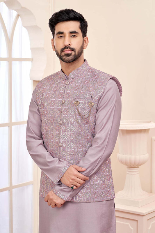 Lavender Luxe: Ready-Made Ethnic Kurta Set With Embroidered Nehru Jacket