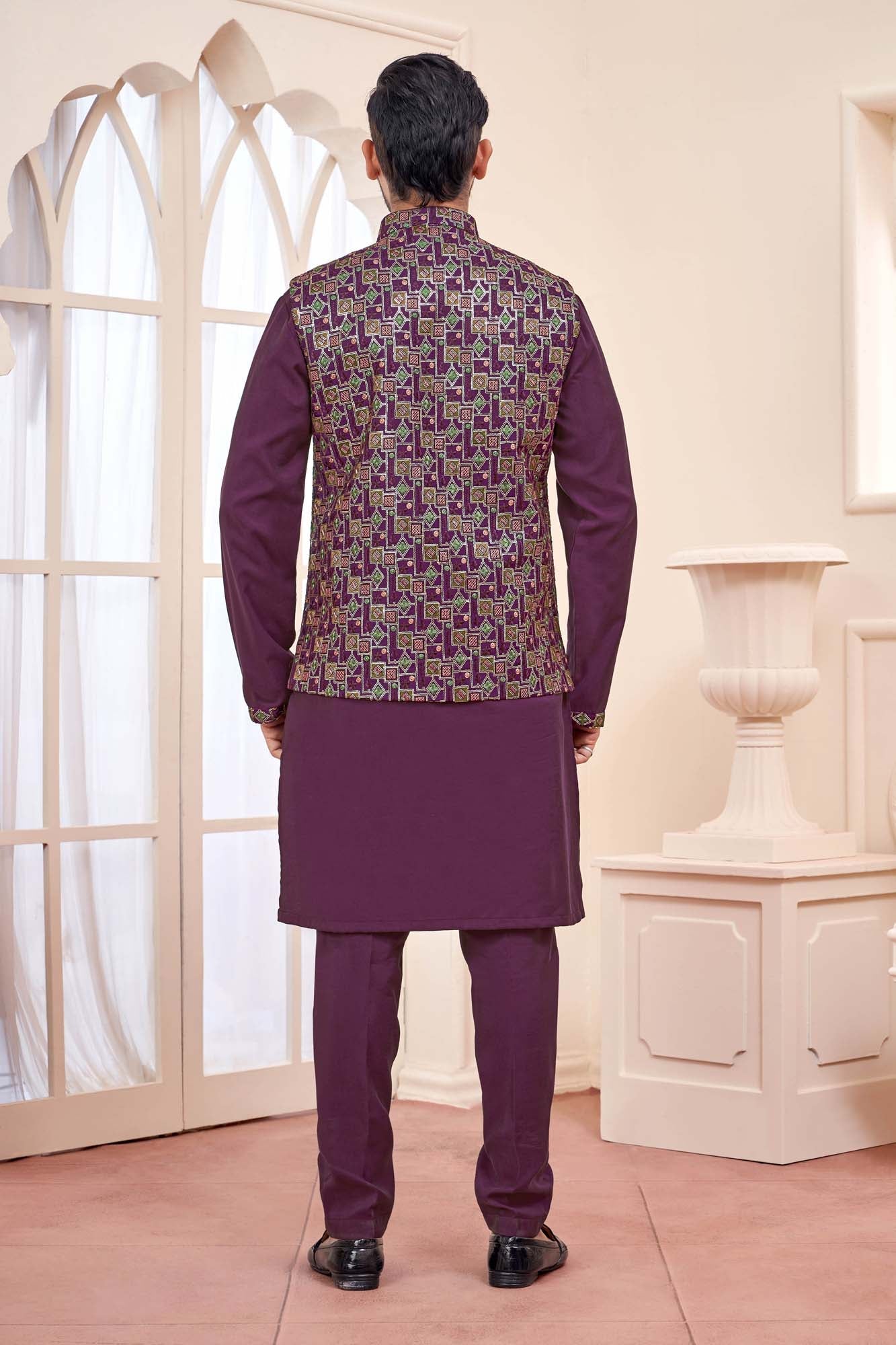 Wine Kurta Set With Koti Jacket For Men