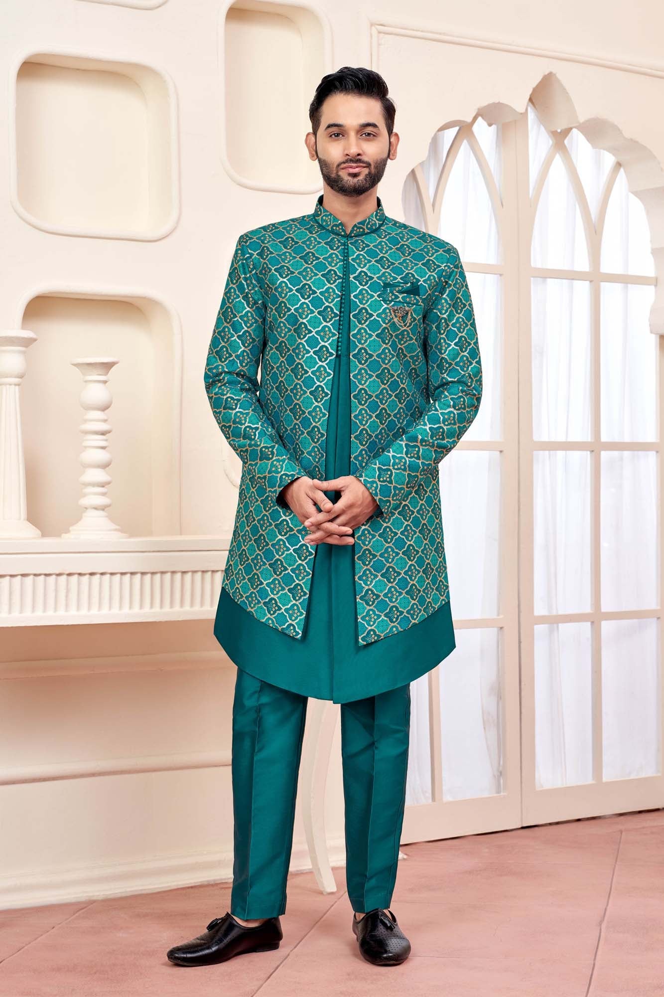 Buy Emerald Green Indo-Western Outfit With Gold Embroidered Jacket Online Ethnic Mela India Buy Emerald Green Indo-Western Outfit With Gold Embroidered Jacket Online Ethnic Mela India