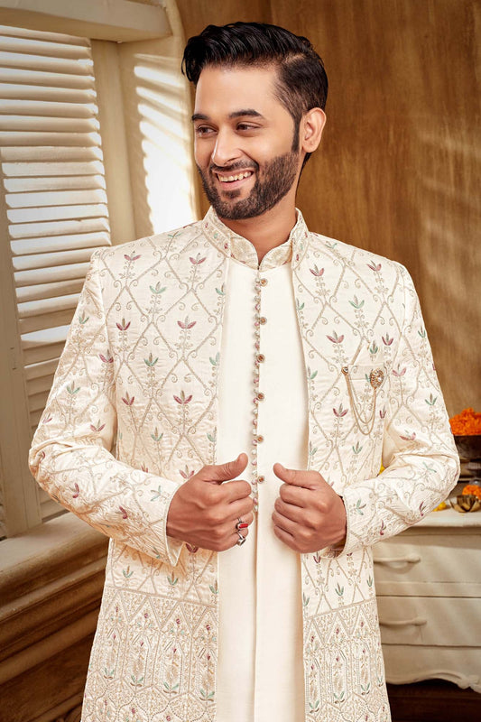 Men’s Indo-Western Kurta Set | Purple & Green Embroidered Elegance
