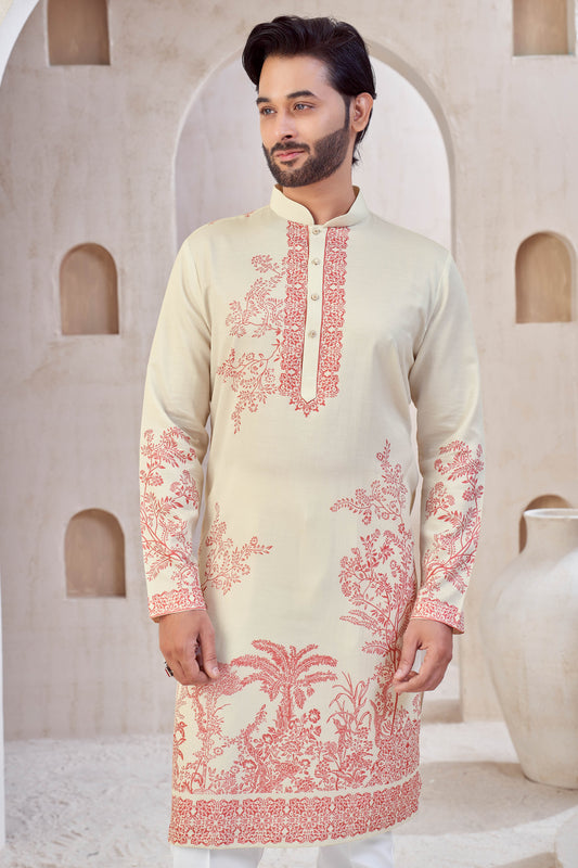 Cream Cherry Red Stylish Festive Kurta