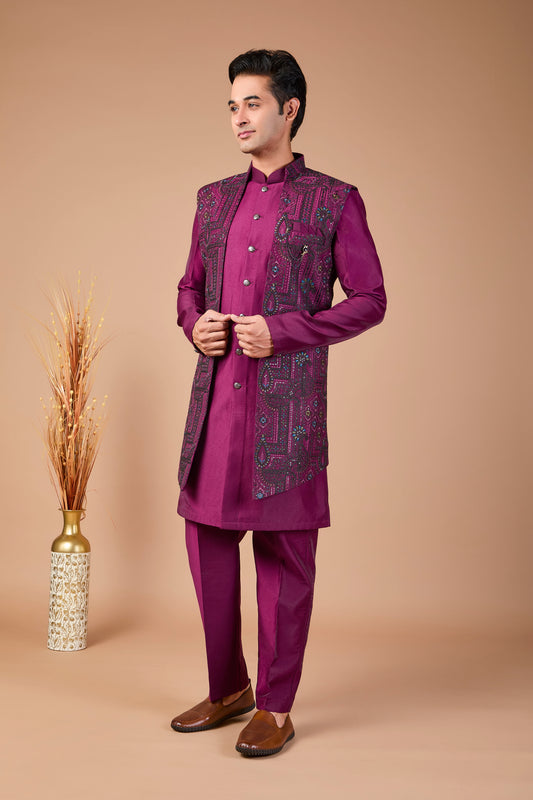 Special Reception Occasion Wine Purple Men Indo-western