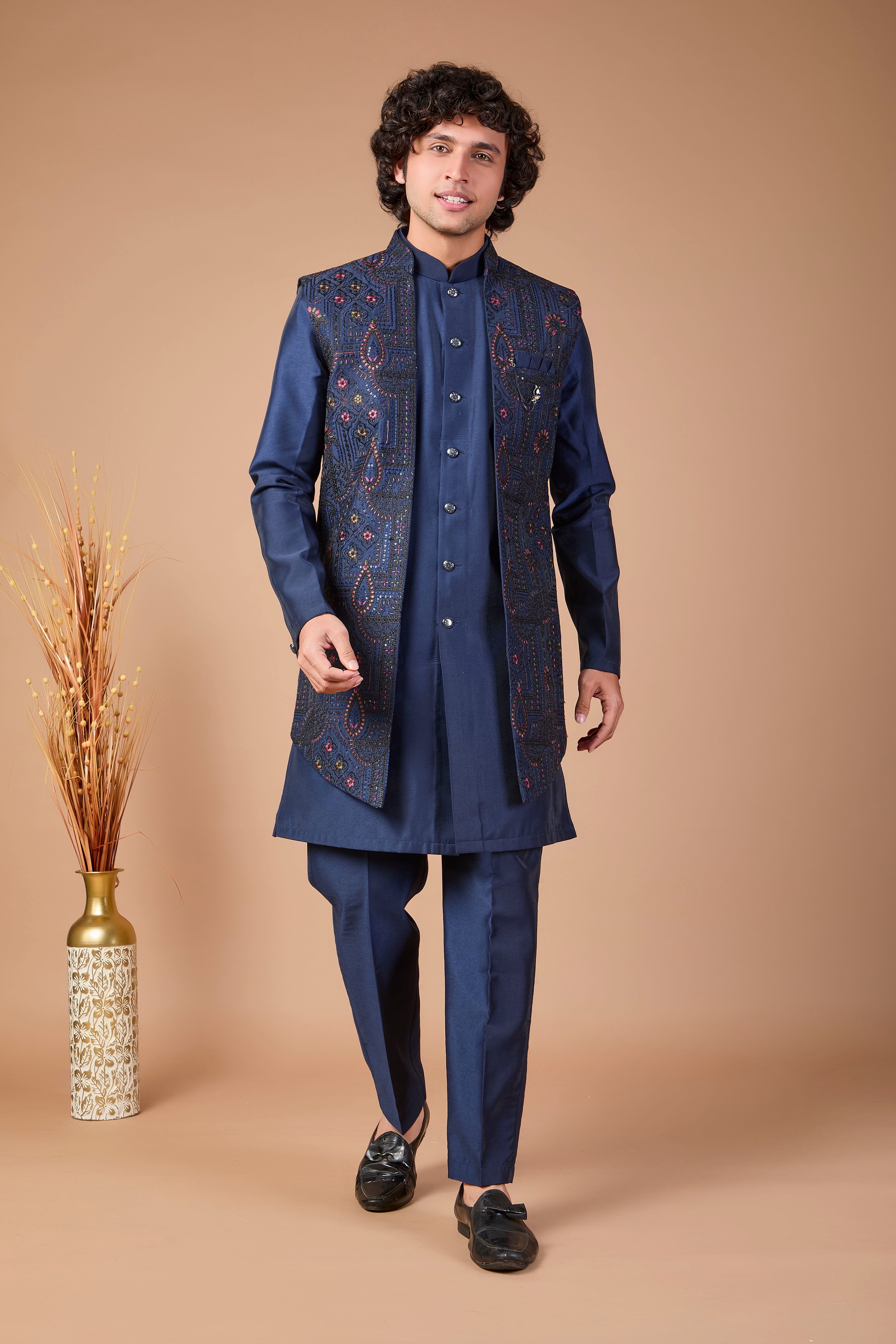 blue indo western dress men Buy Navy Blue Silk Indo Western with Thread Work & Cutdana main image 1