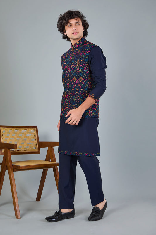 Men's Navy Raw Silk Embroidered Kurta Jacket Set with Comfort Fit