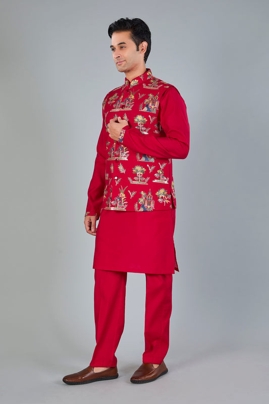 Raw silk Kurta Jacket Set for Wedding Celebrations