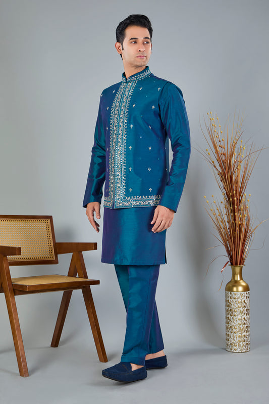 Pastel Green Men's Kurta Jacket Set with Embroidery Touch