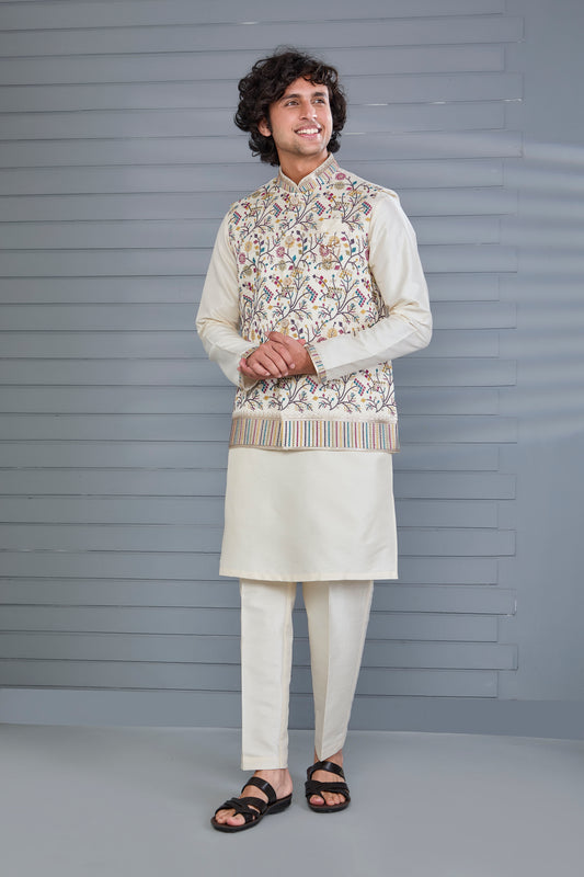 Cream Kurta Jacket Set in Raw Silk For Men