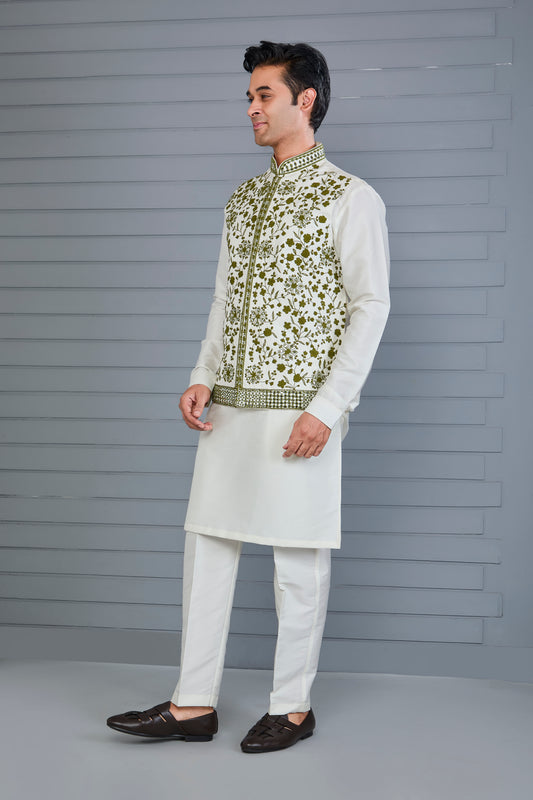 Elevate Off-white Men's Kurta Jacket Set with Raw Silk Finish