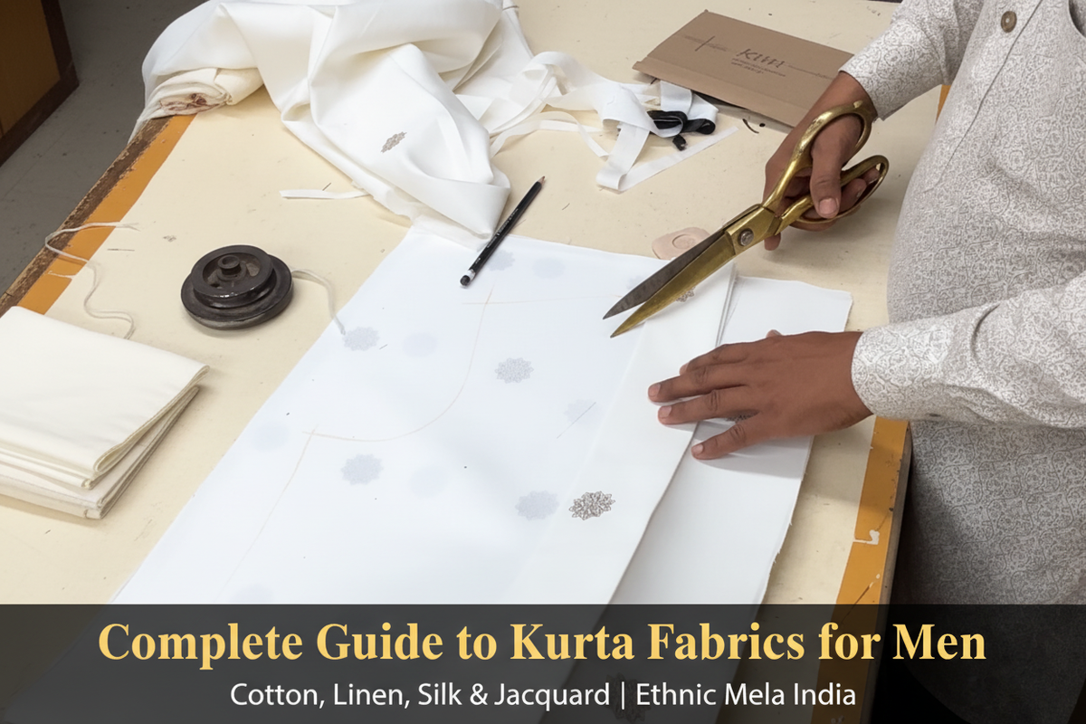 Complete Guide to Kurta Fabrics for Men" in gold serif and "Cotton, Linen, Silk & Jacquard