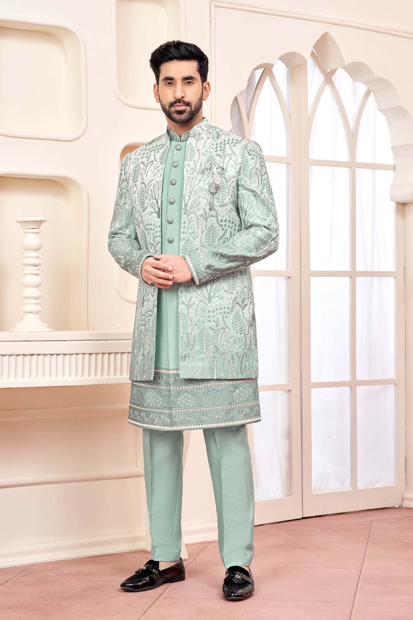 Pastel Green Indo-Western Ethnic Wear For Men