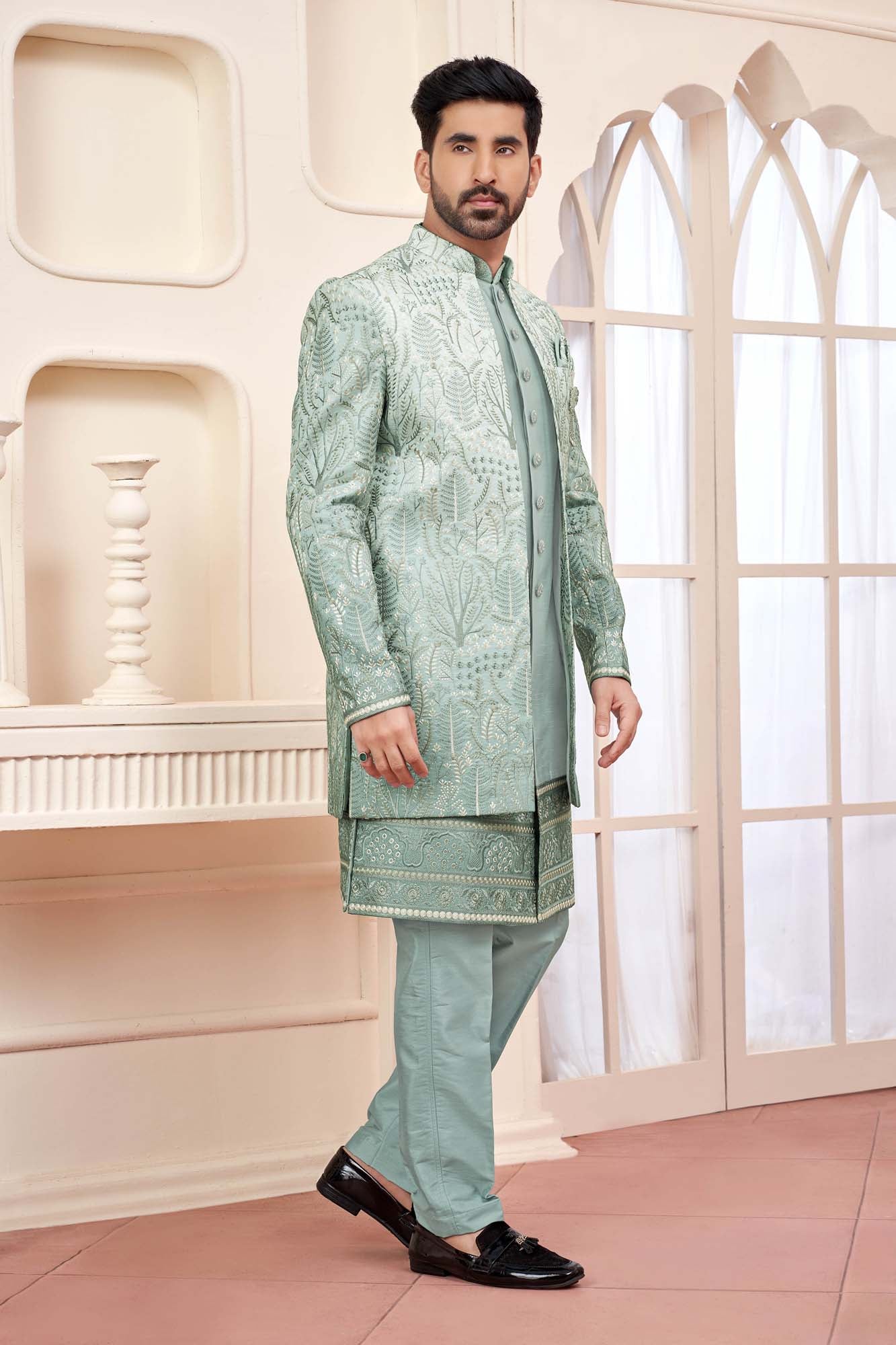 Pastel Green Indo-Western Ethnic Wear For Men
