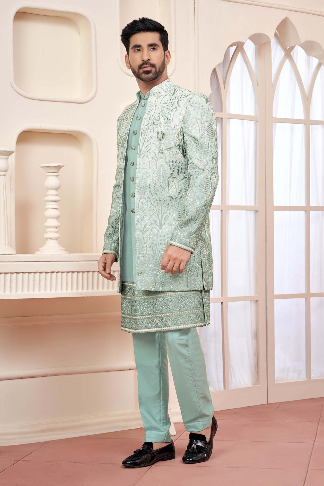 Pastel Green Indo-Western Ethnic Wear For Men