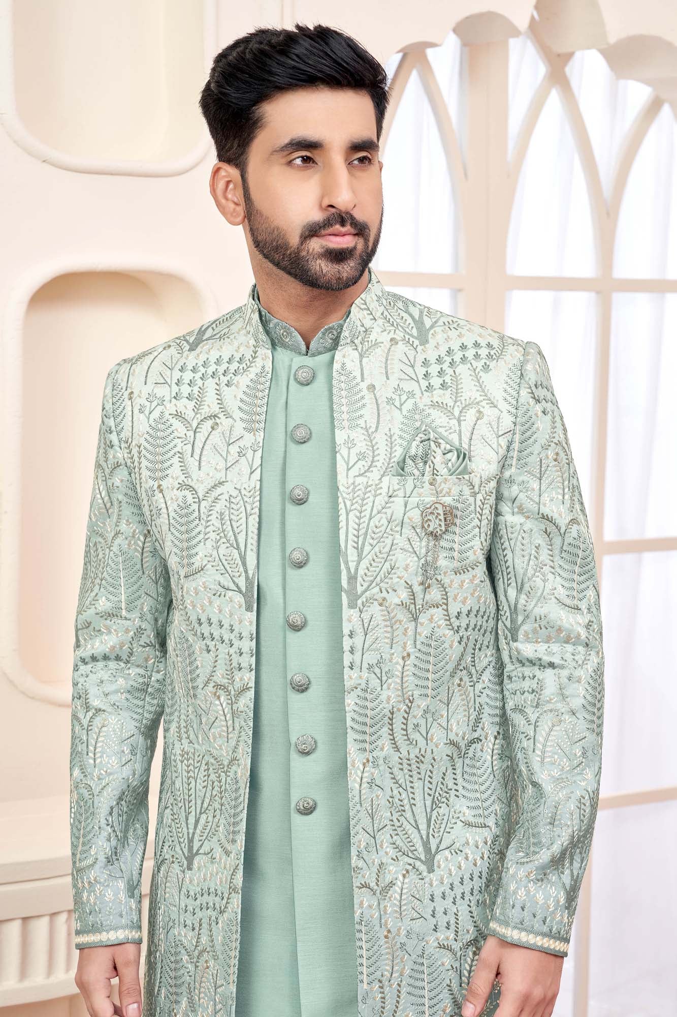 Pastel Green Indo-Western Ethnic Wear For Men