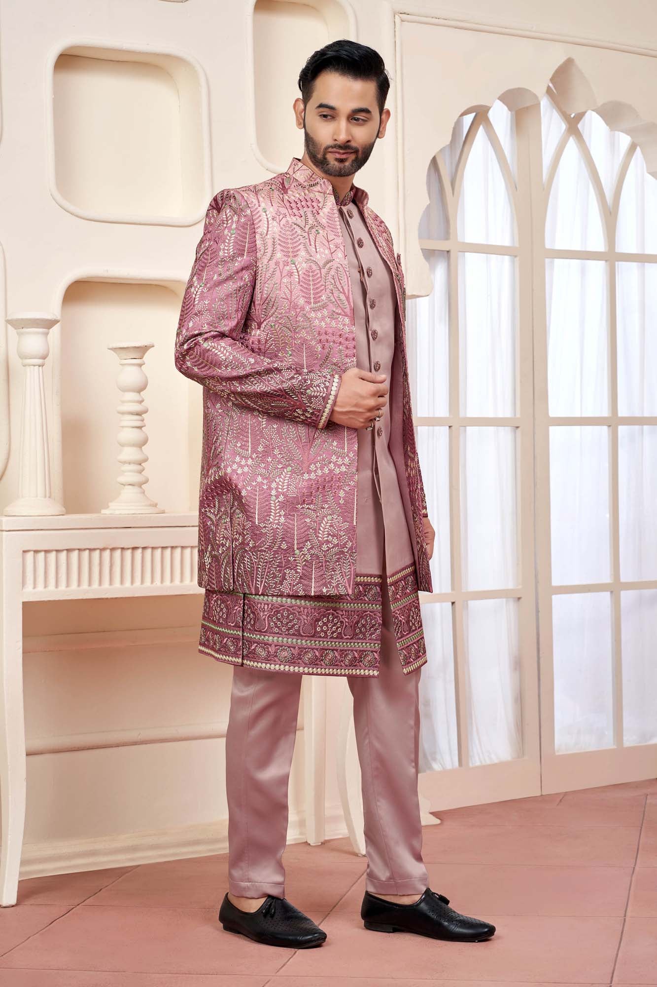 Magenta Indo Western Wear For Men