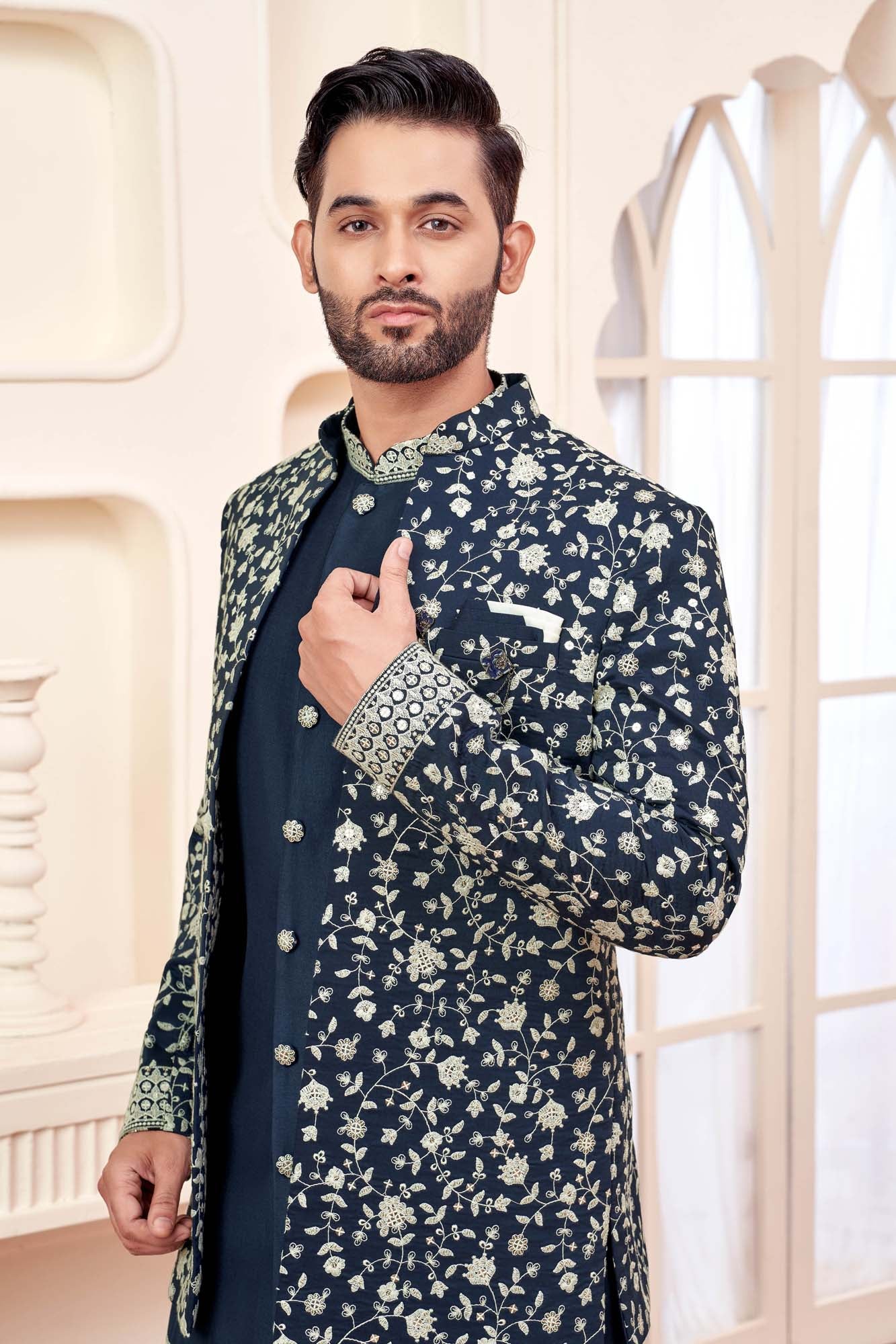 Regal Dark Blue Indo-Western Outfit With Royal Silk Embroidery