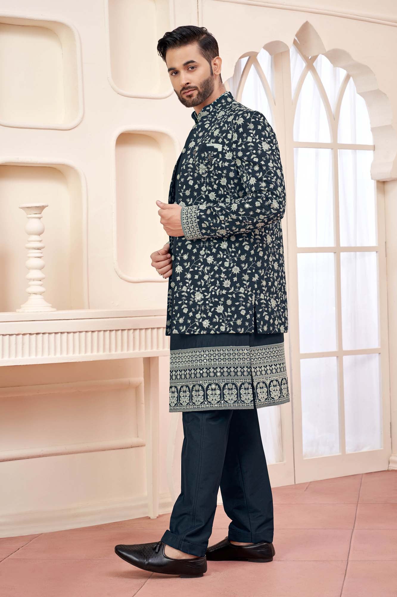 Regal Dark Blue Indo-Western Outfit With Royal Silk Embroidery