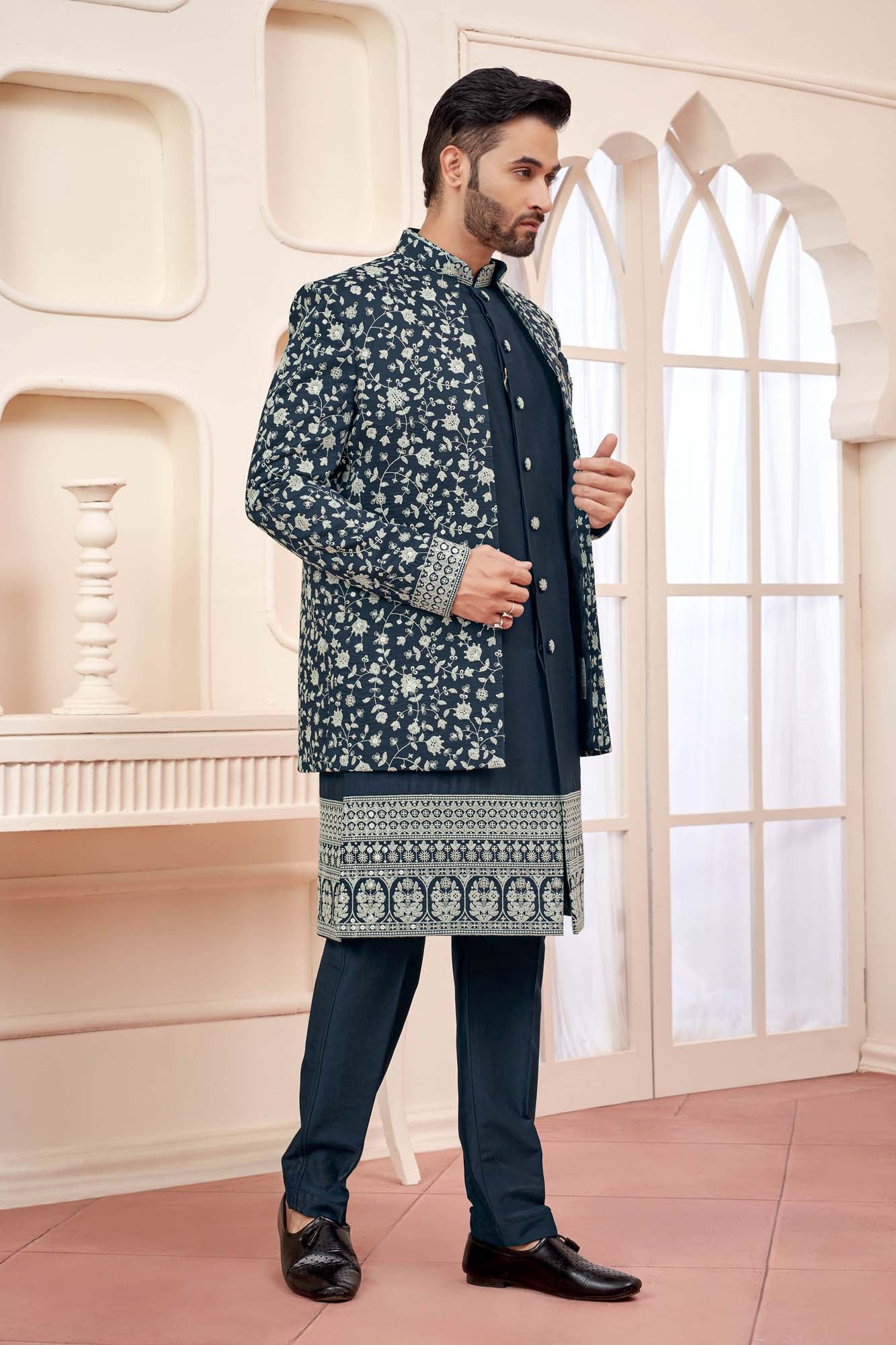 Regal Dark Blue Indo-Western Outfit With Royal Silk Embroidery