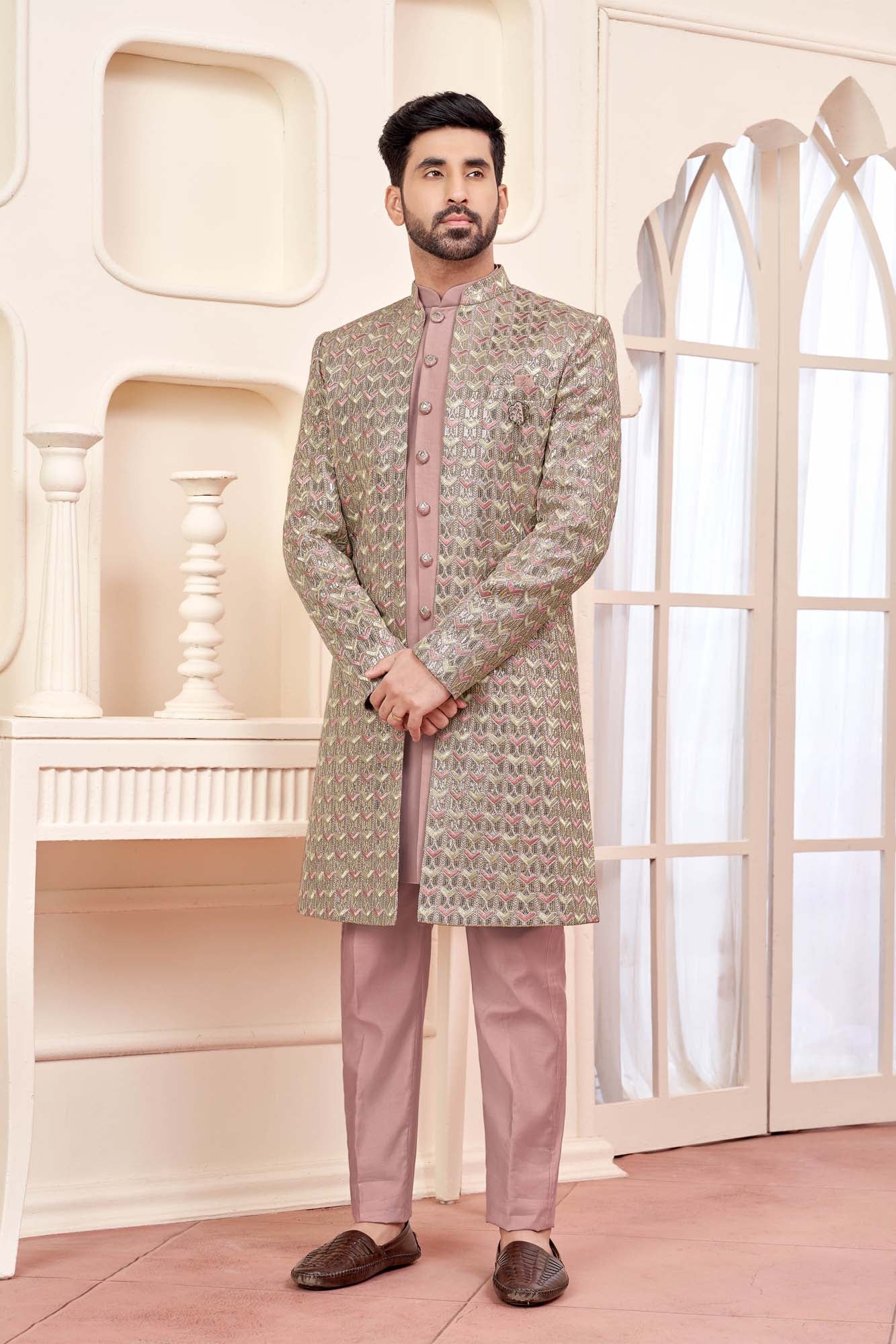 Graceful Peach Indo-Western Outfit With Gold Embroidered Jacket