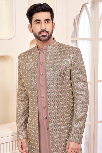 Graceful Peach Indo-Western Outfit With Gold Embroidered Jacket