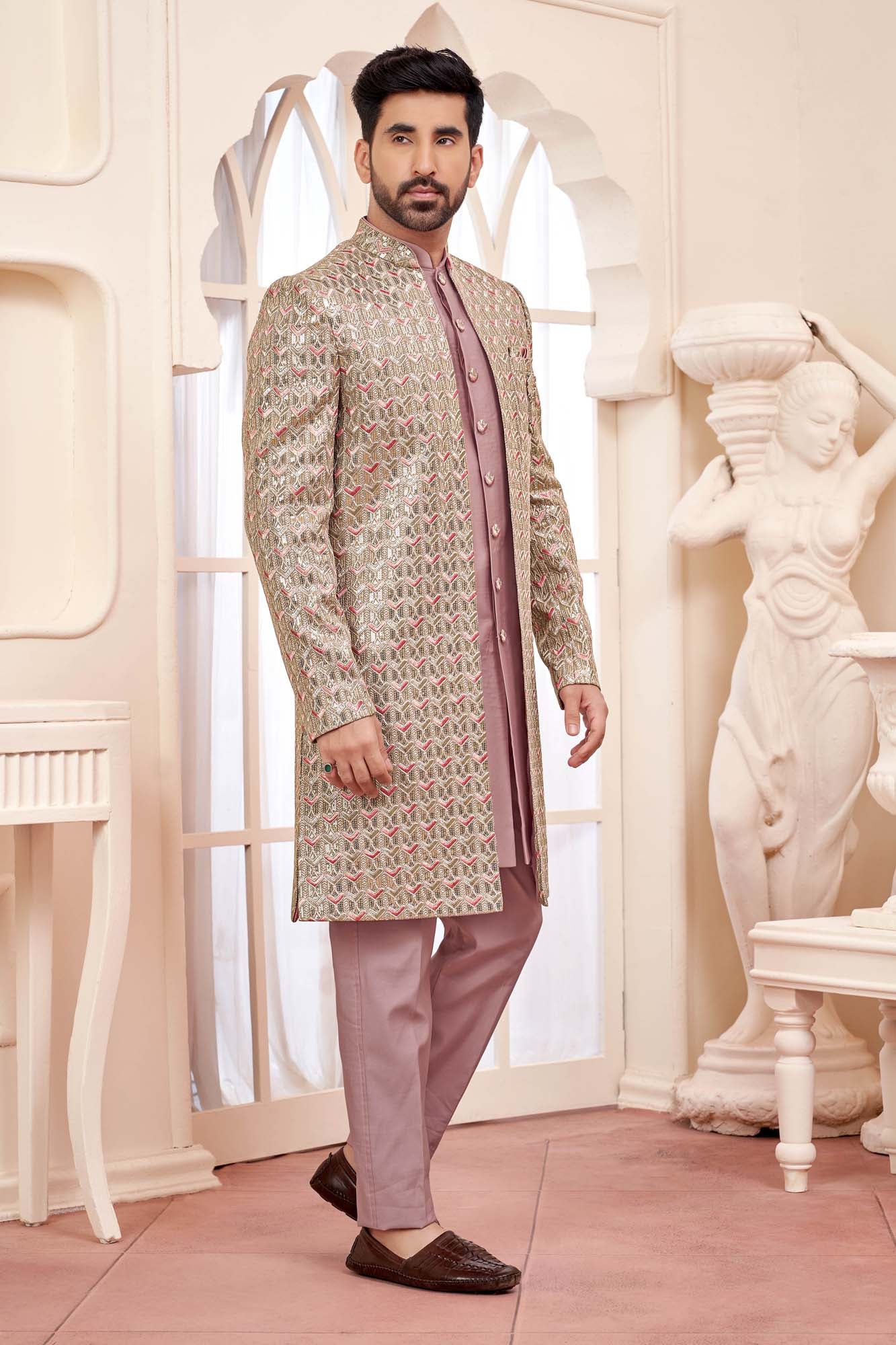 Graceful Peach Indo-Western Outfit With Gold Embroidered Jacket