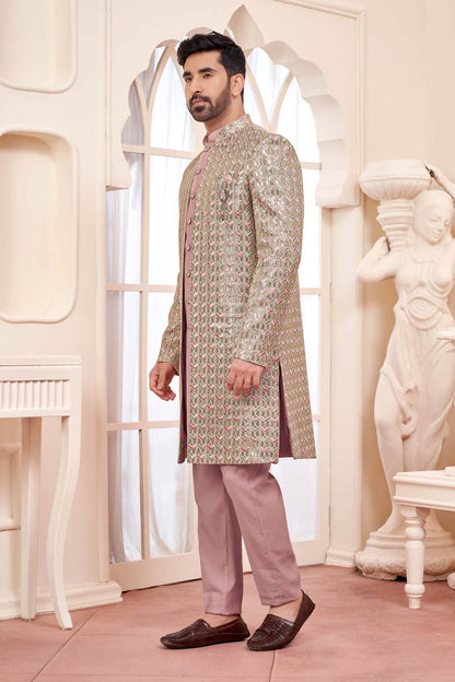 Graceful Peach Indo-Western Outfit With Gold Embroidered Jacket