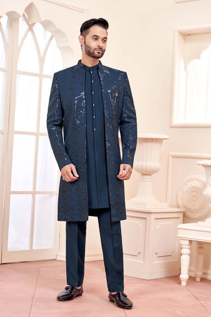 Royal Blue Indo-Western Outfit With Exquisite Gold Embroidery