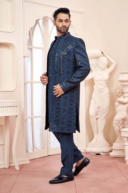 Royal Blue Indo-Western Outfit With Exquisite Gold Embroidery