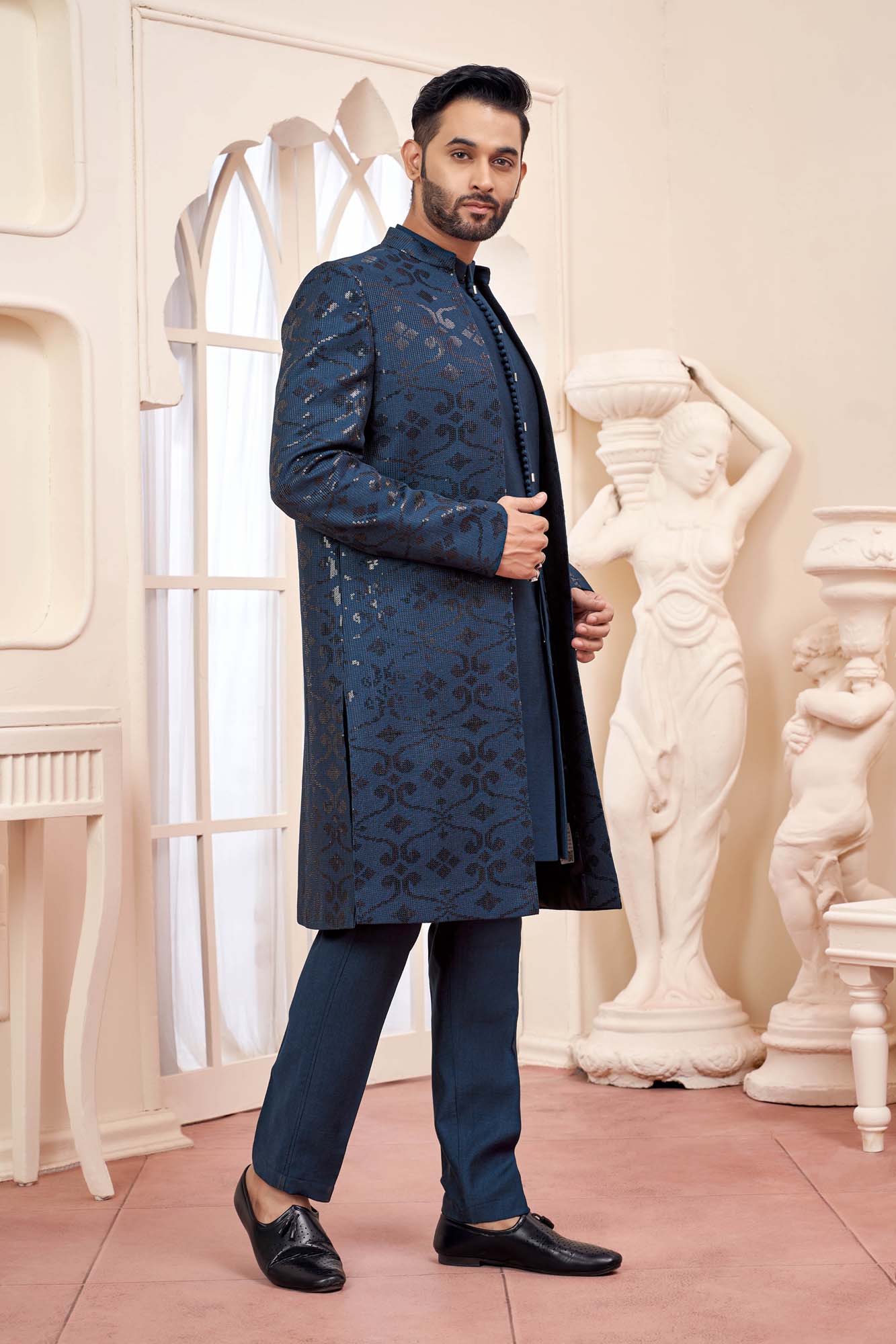 Royal Blue Indo-Western Outfit With Exquisite Gold Embroidery