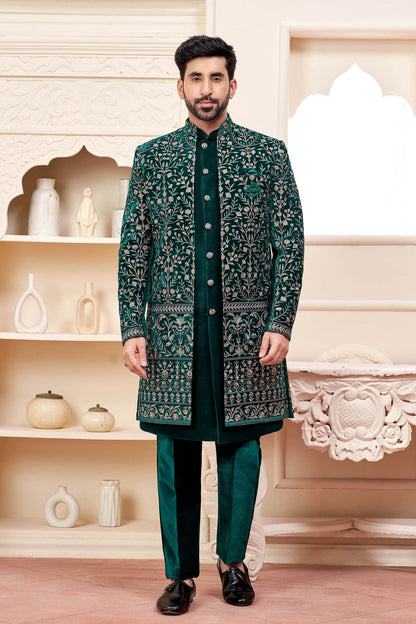 Dark Green Velvet Indo-Western Outfit With Embroidered Jacket
