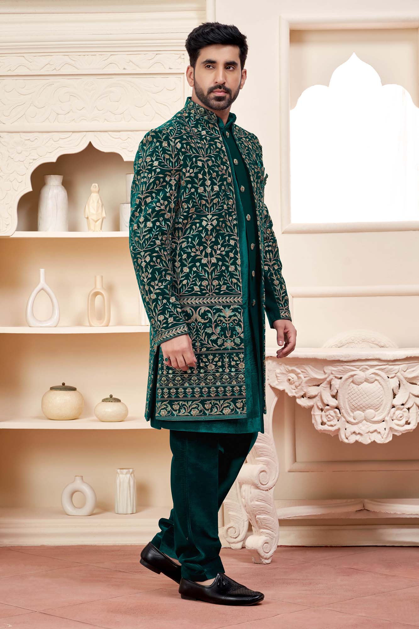 Dark Green Velvet Indo-Western Outfit With Embroidered Jacket