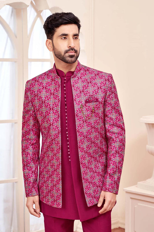 Royal Dark Pink Jodhpuri Set With Embroidered Jacket