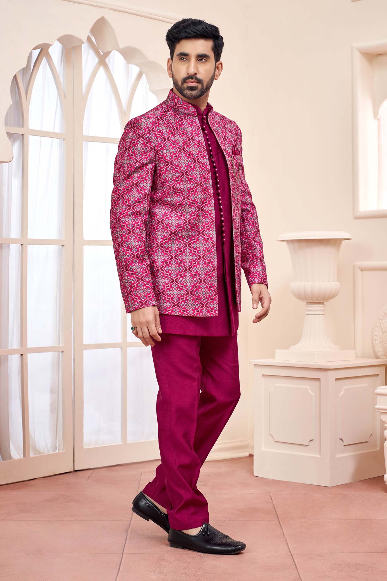 Royal Dark Pink Jodhpuri Set With Embroidered Jacket